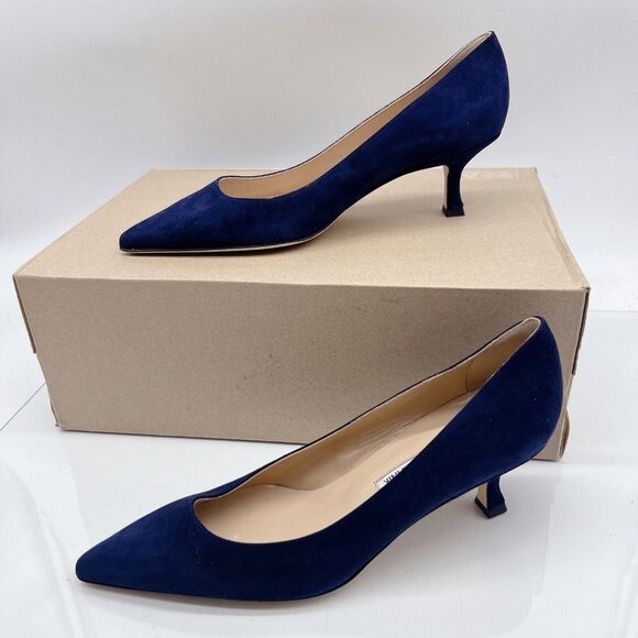 MANOLO BLAHNIK Srila Low Heel Pumps Navy Blue Suede Pointed Toe EU 38.5 US 8.5 - Picture 3 of 12